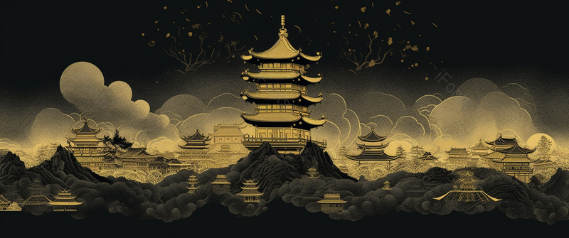 黑金质感国潮风古建筑高塔与繁华城市手绘横板壁纸,插画/手绘图,插画/手绘图库,插画/手绘图下载,插画/手绘